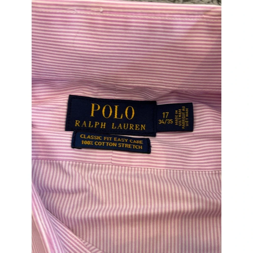 Polo Ralph Lauren Shirt Mens 17 34/35 Classic Fit Button Pink Striped Easy Care